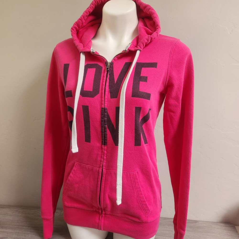 Vintage Victoria's Secret PINK Hoodie Size XS Pink Full Zip Love Pink 86 Graphic